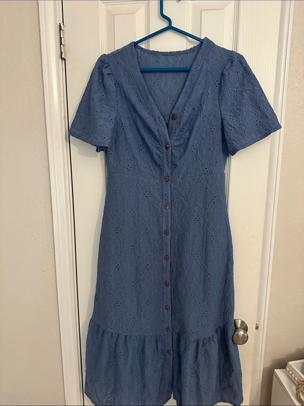 SHEIN Blue Eyelet Button-Front Midi Dress